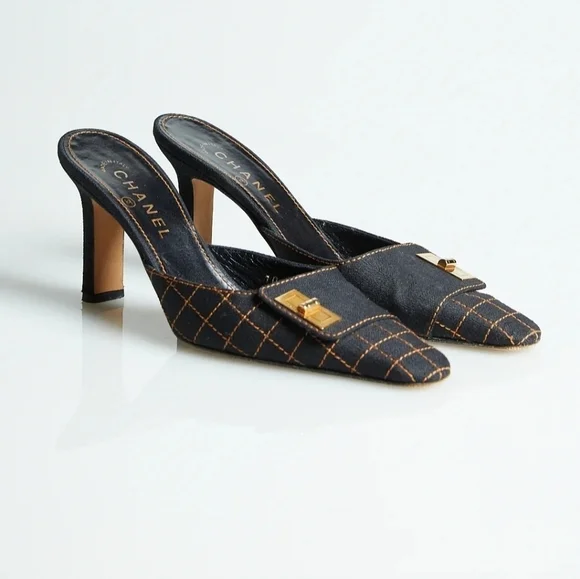 Chanel Black Quilted Fabric Mules Size 38.5 - Picture 1 of 10